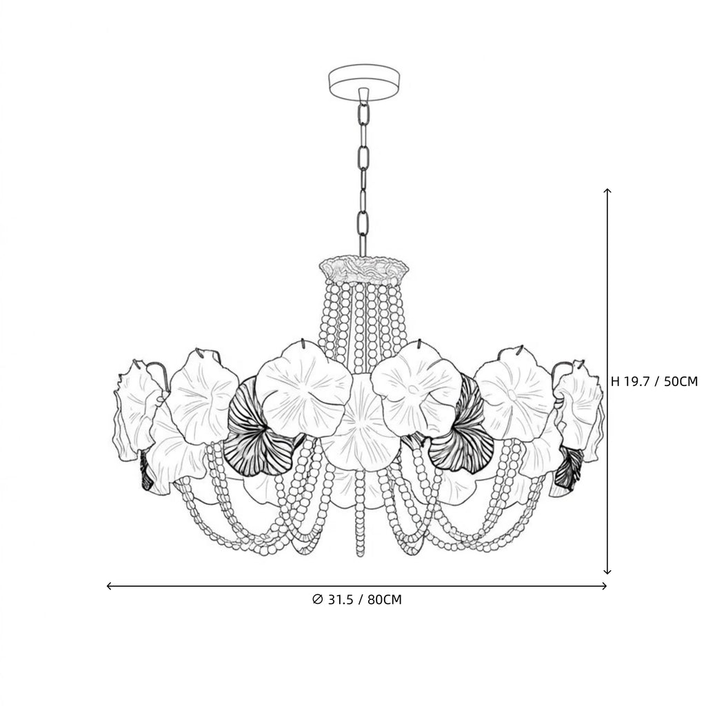 Modern Large Pink Flower Art Glass Chandelier Line Art Dimension Diagram