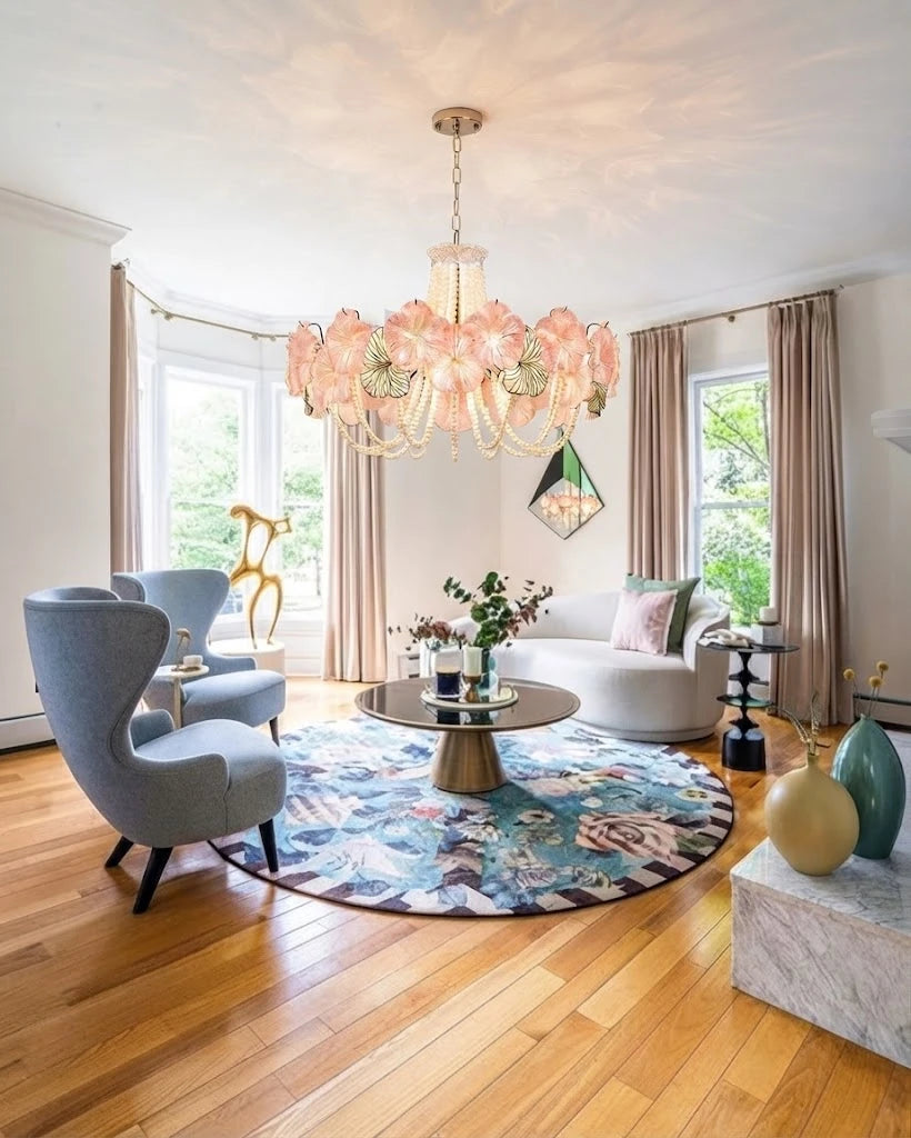 Modern Pink Flower Chandelier in Contemporary Living Space