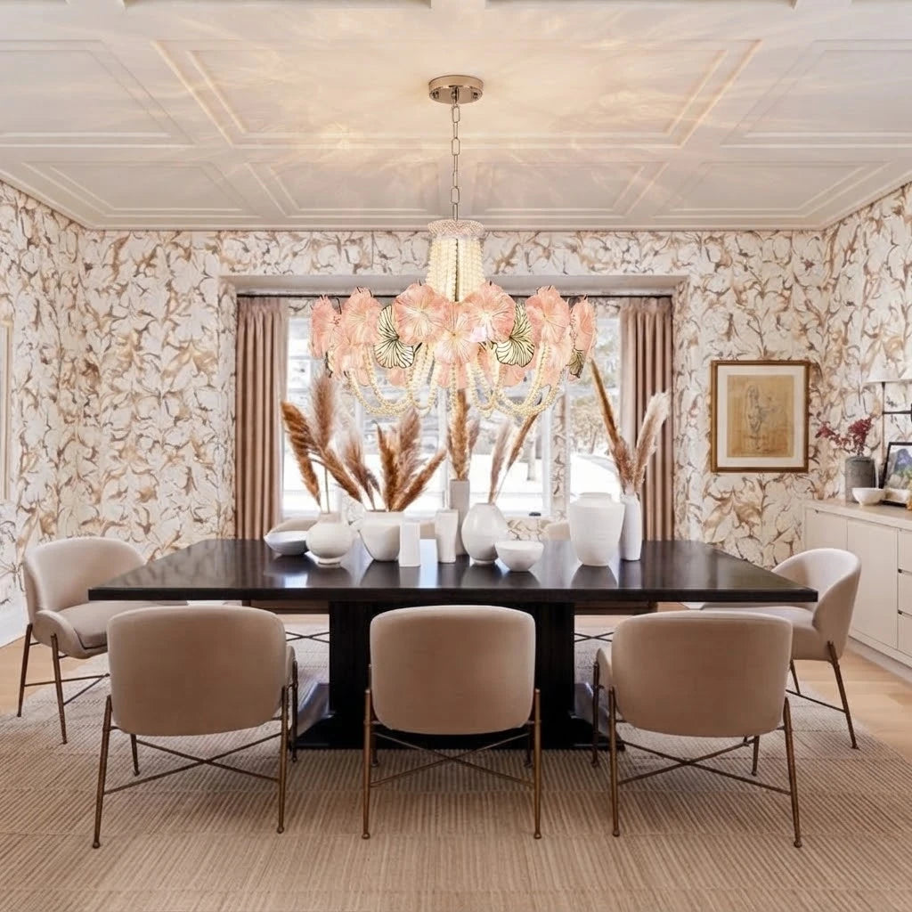 Modern Pink Flower and Pearl Art Glass Chandelier in Formal Dining Room