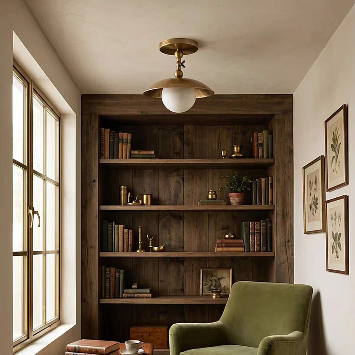 Vintage Brass Semi-Flush Mount Light in Home Office Library