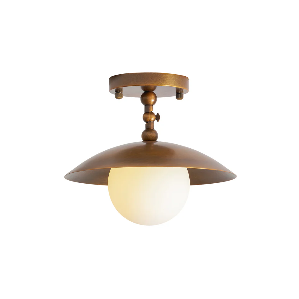 Vintage Brass Dish Shade Globe Semi-Flush Mount Light on White Background