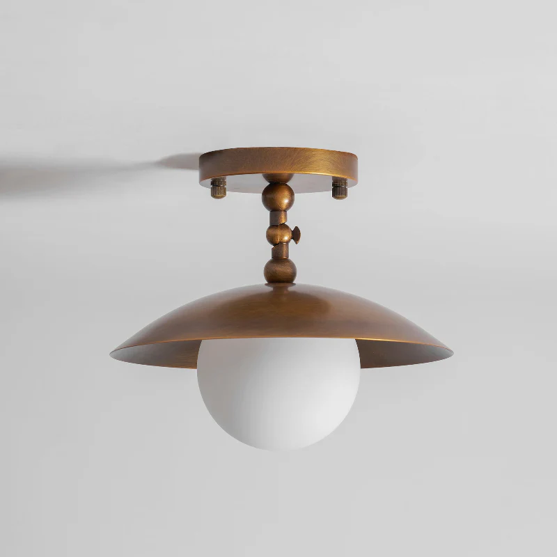 Vintage Brass Dish Shade Semi-Flush Mount Light Studio Shot