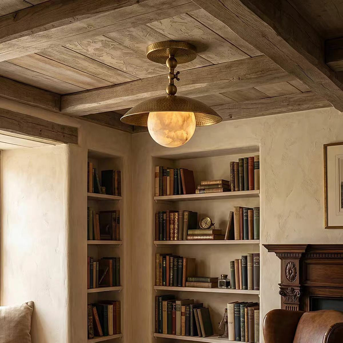 Vintage Brass Dish Shade Ceiling Light in Rustic Study