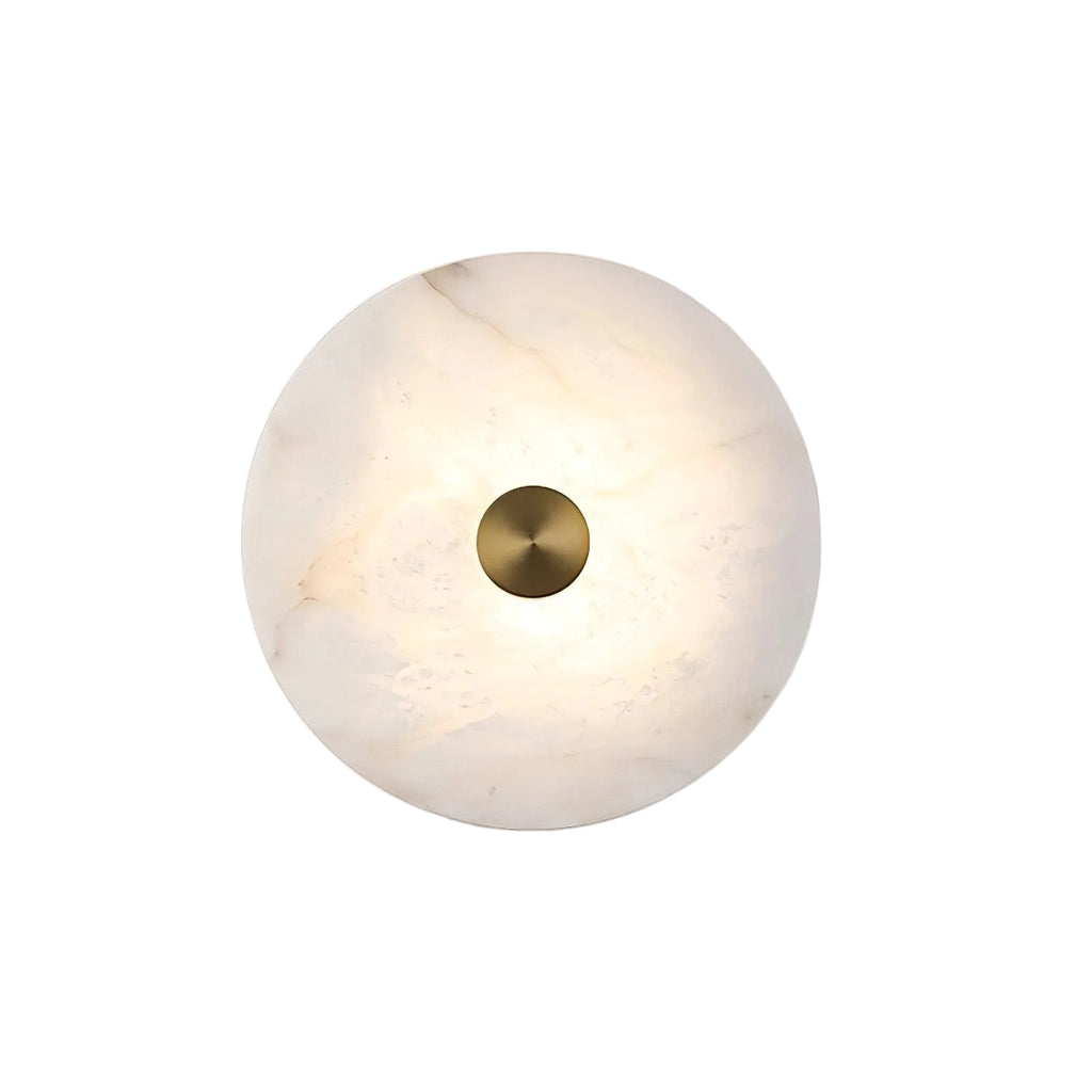 Modern Alabaster Disc Art Wall Sconce with Brass Center on Pure White Background