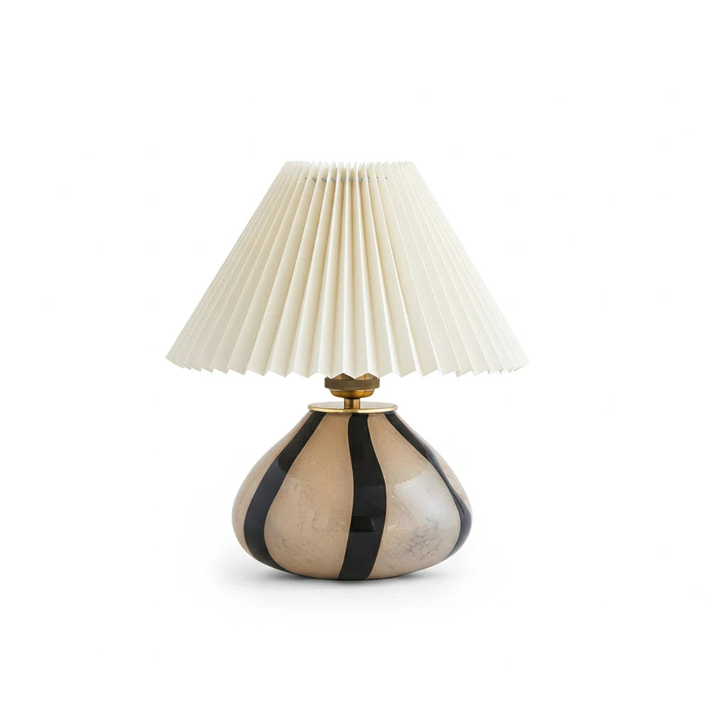 Vintage Pleated Shade Table Lamp with Black Striped Ceramic Base on Pure White Background