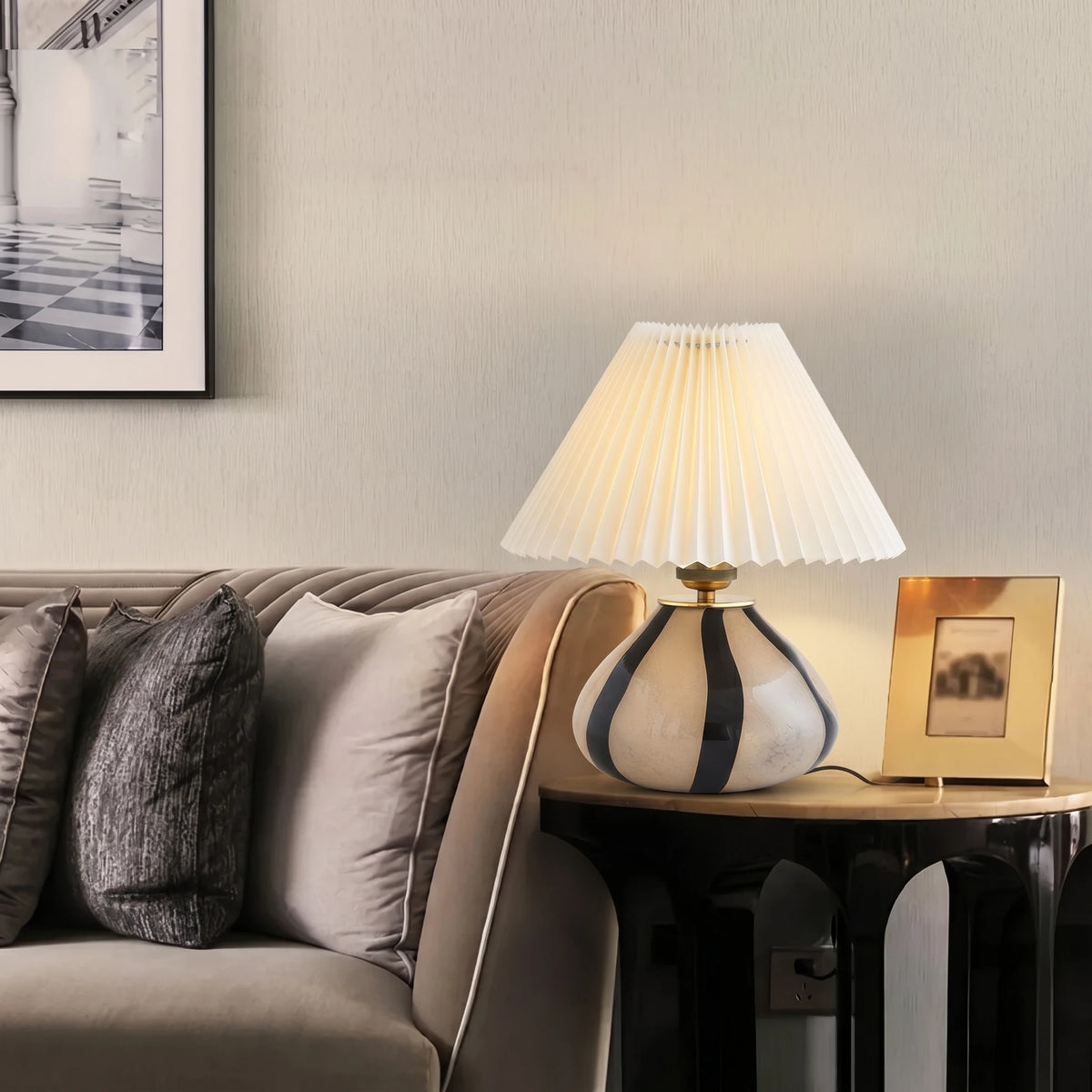 Modern Alabaster Pleated Table Lamp on Living Room Side Table