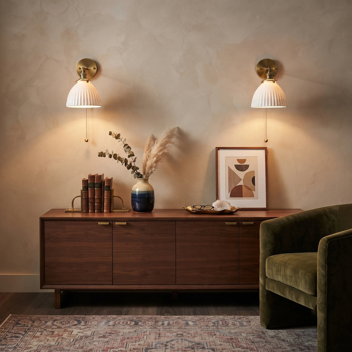 Pair of Fluted Ceramic Wall Sconces Over Living Room Credenza
