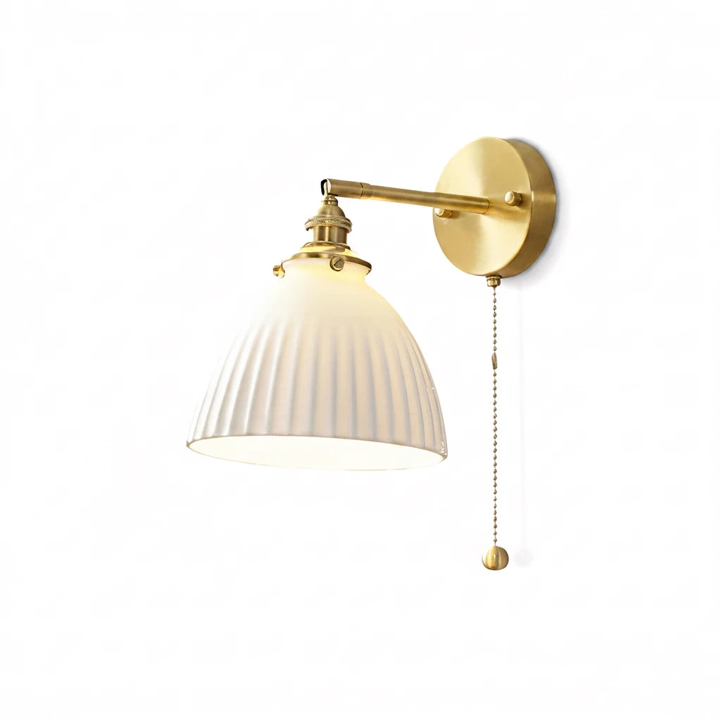 Modern Vintage Fluted Ceramic Wall Sconce with Brass Arm and Pull Chain Switch on Pure White Background