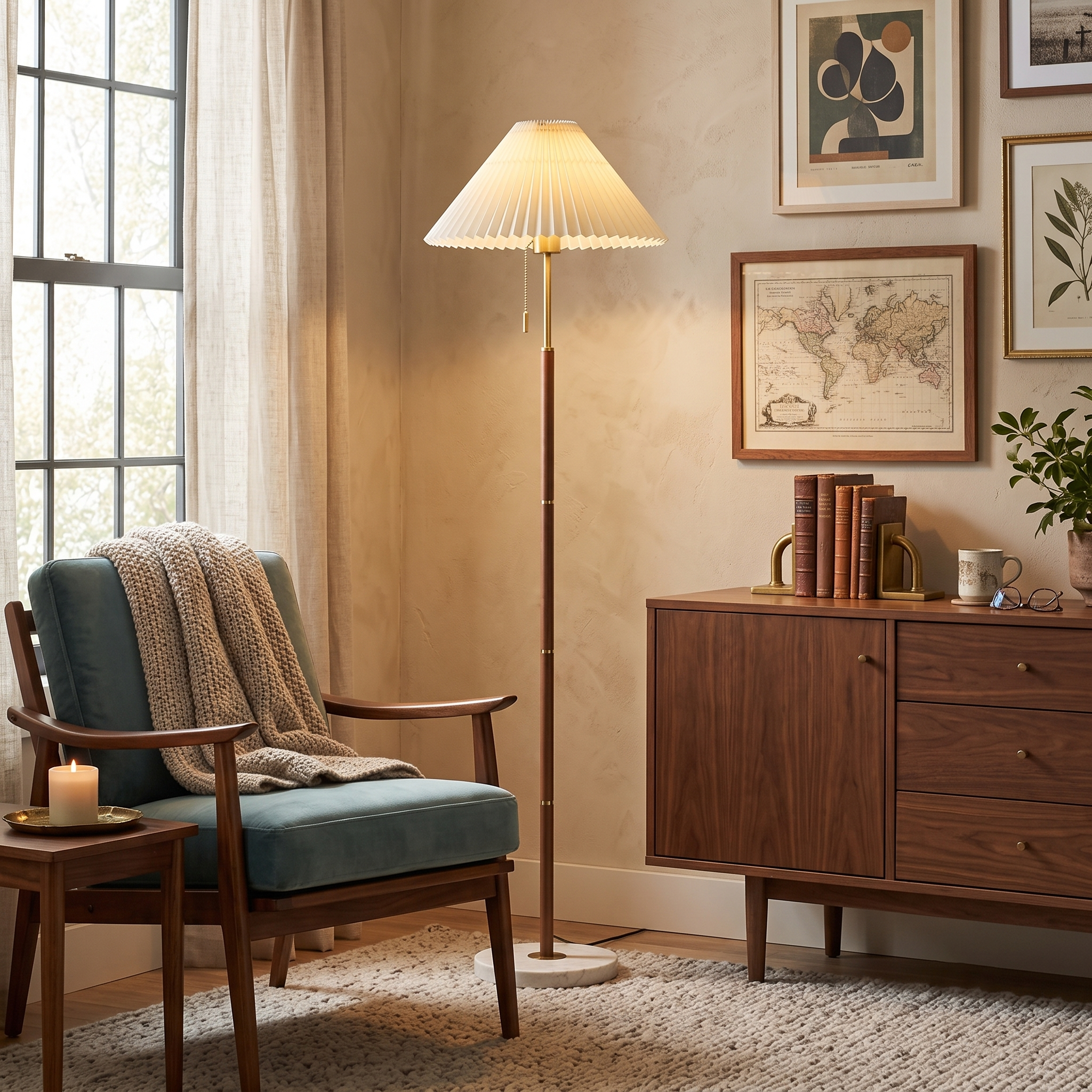 Pleated Fabric Marble Floor Lamp