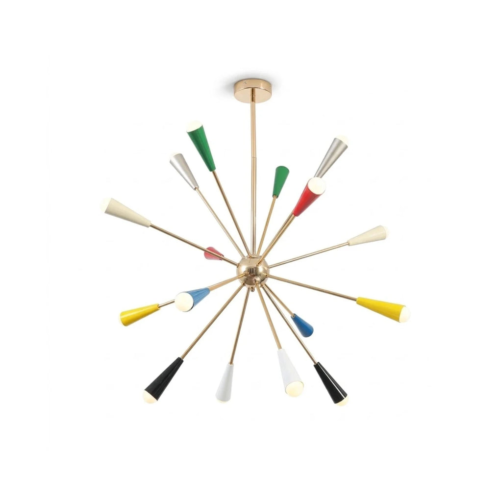 Modern Multi-Light Cone Sputnik Chandelier with Colorful Accents on Pure White Background