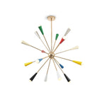 Modern Multi-Light Cone Sputnik Chandelier with Colorful Accents on Pure White Background
