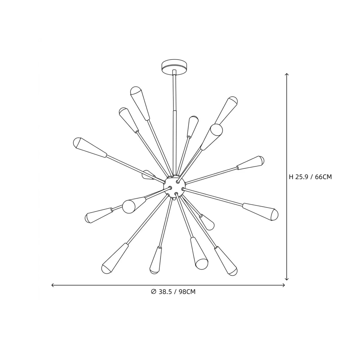 Modern Colorful Cone Sputnik Chandelier Style B Line Art Dimension Diagram