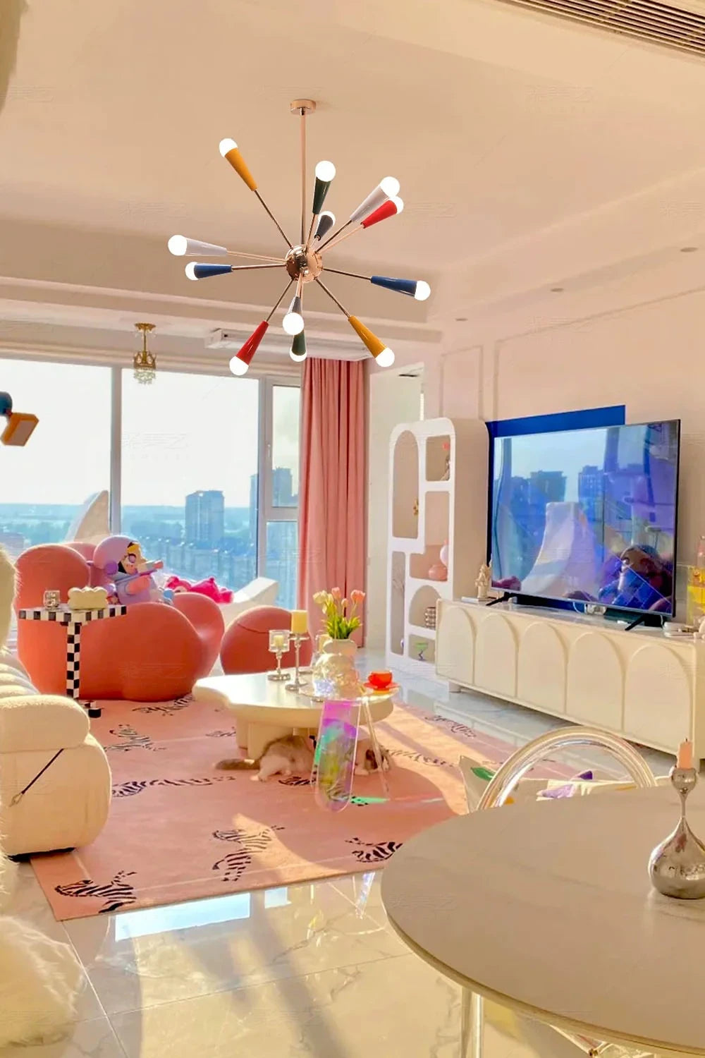 Modern Colorful Sputnik Chandelier in Contemporary Living Room