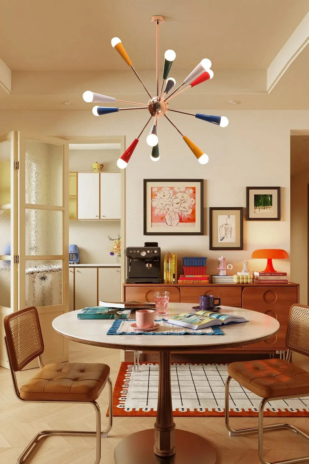Modern Cone Sputnik Chandelier Over Dining Room Table