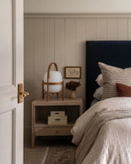 Modern Wooden Handle Accent Lamp on Bedroom Nightstand