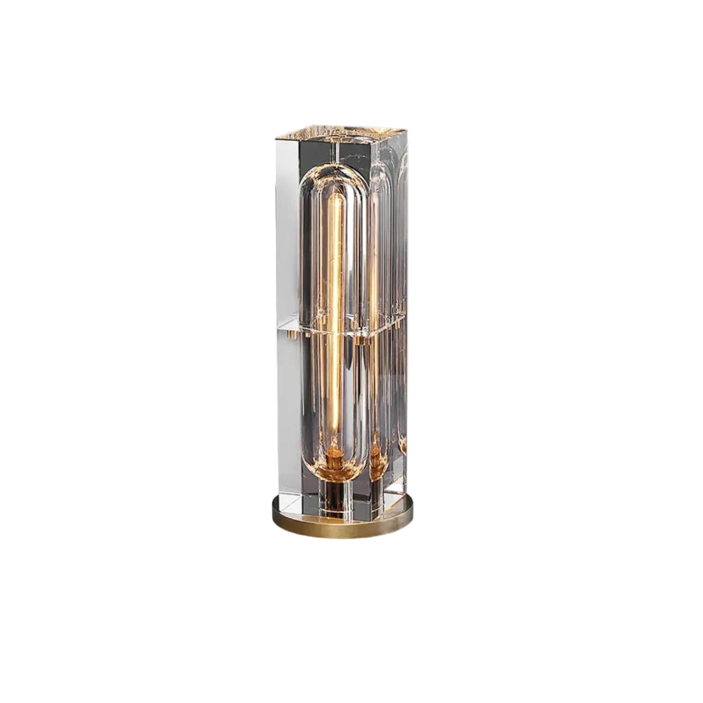 Prism Crystal Column Table Lamp with Round Brass Base on Pure White Background