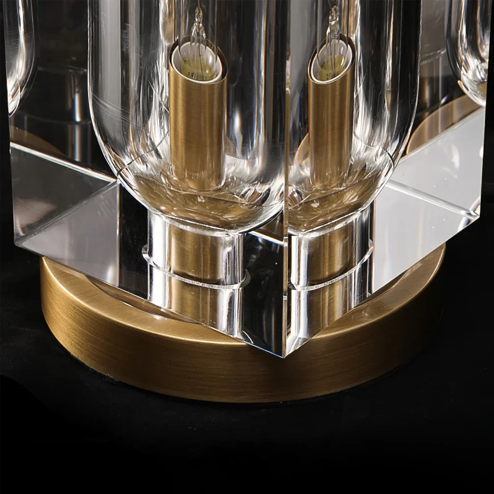Detail View of Brass Base and Faceted Crystal Column Edges