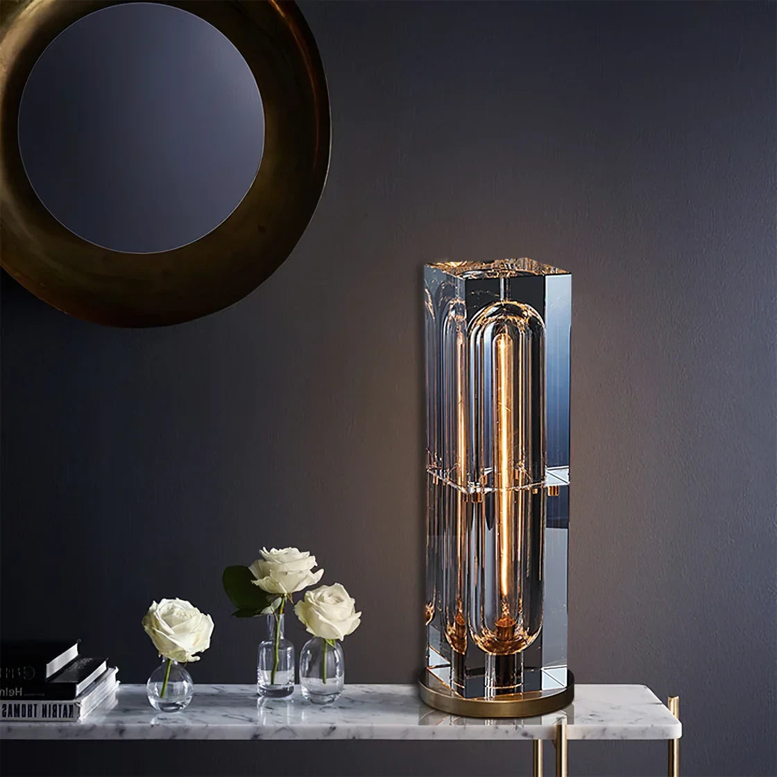 Illuminated Prism Crystal Column Table Lamp on Decorative Tabletop