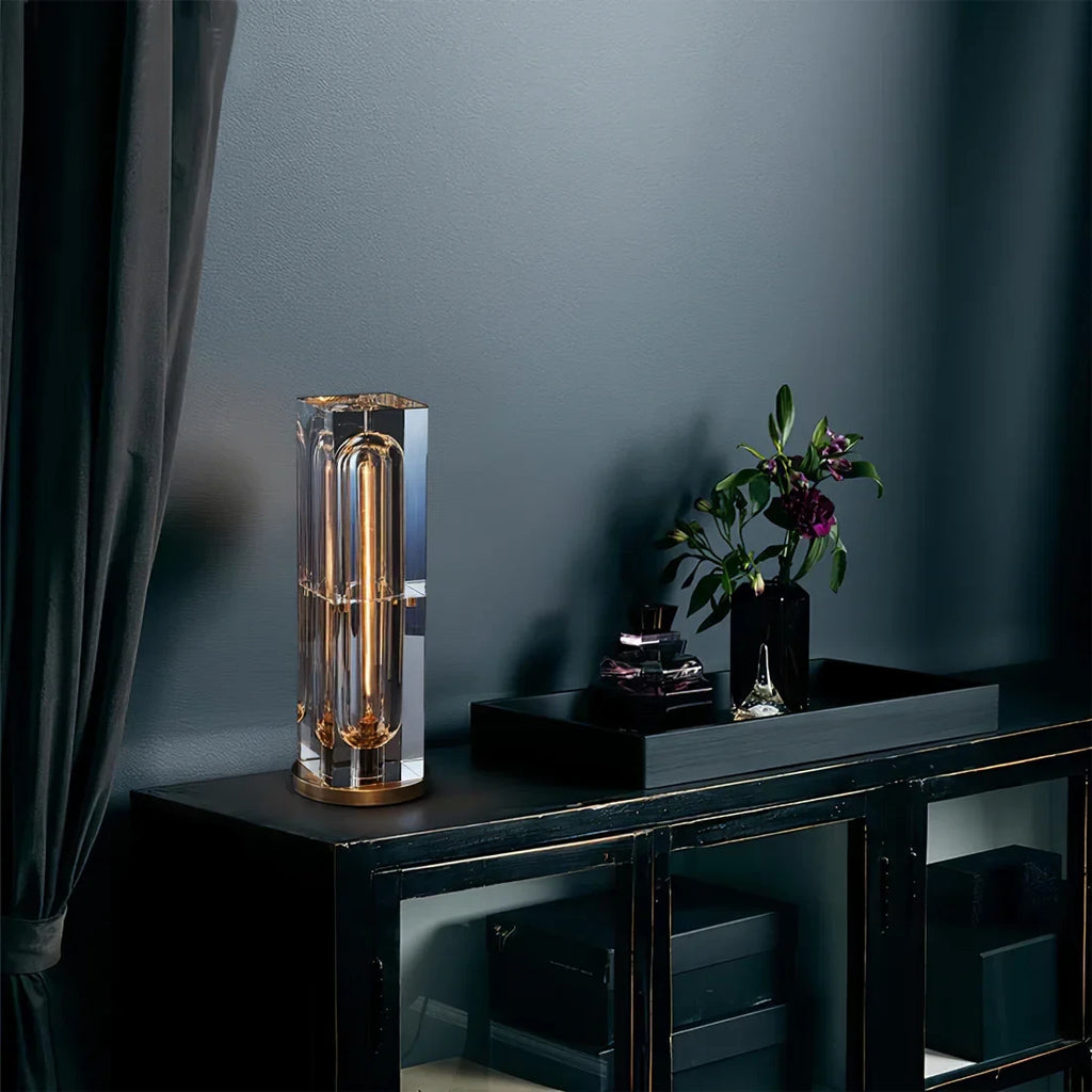 Illuminated Modern Crystal Column Table Lamp in Evening Interior