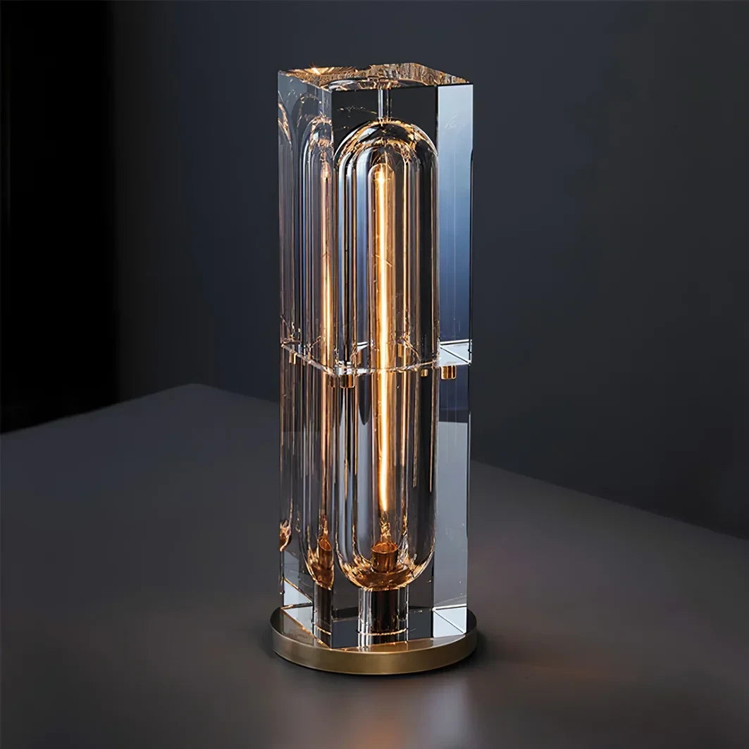 Close Up View of Illuminated Crystal Column Table Lamp