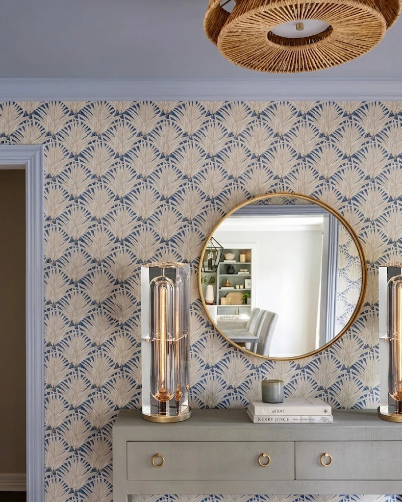 Modern Crystal Column Table Lamp on Credenza in Styled Interior