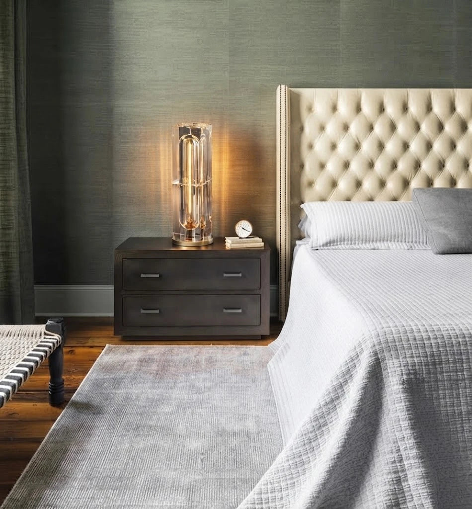 Modern Crystal Column Table Lamp in Luxury Bedroom Interior