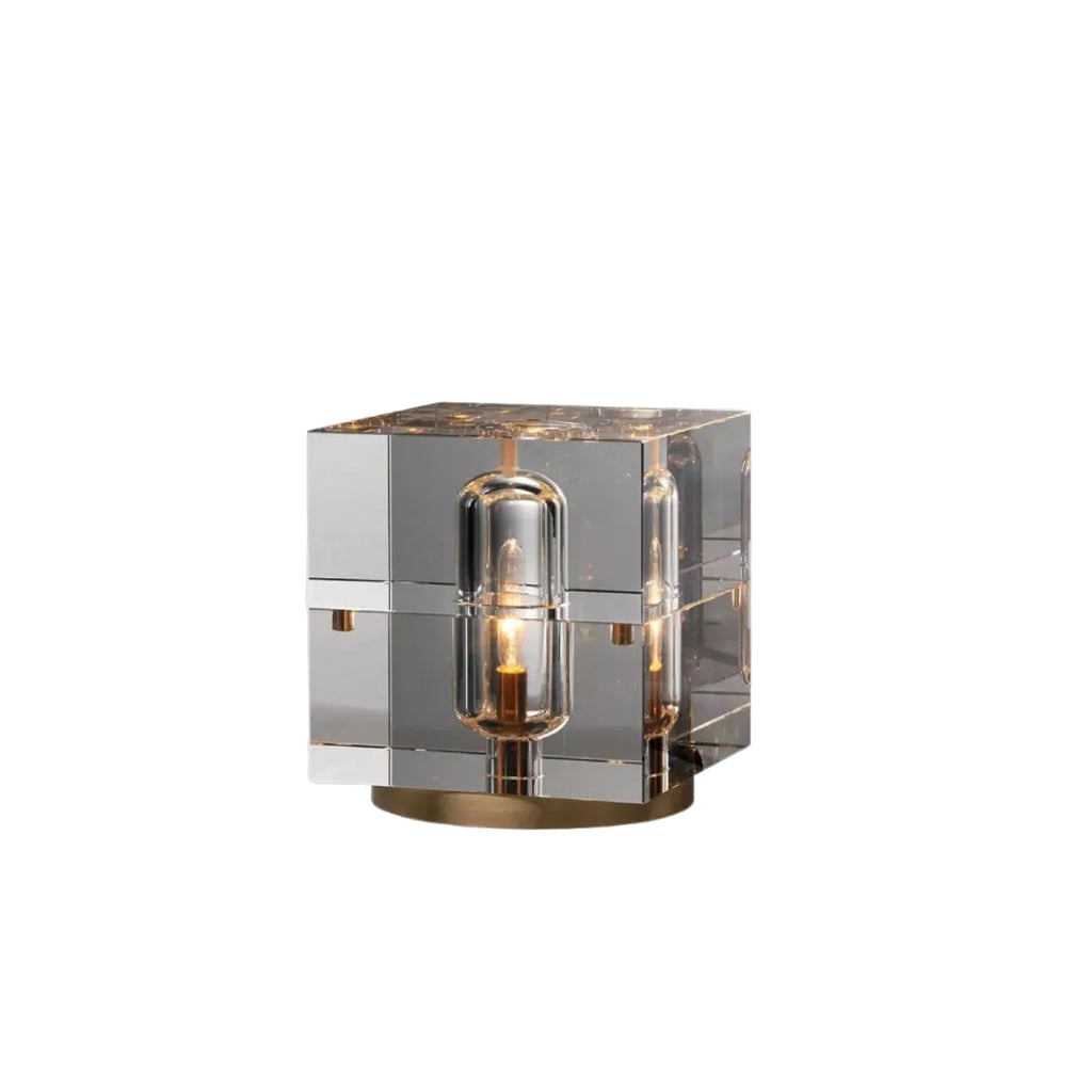 Prism Crystal Cube Table Lamp with Round Brass Base on Pure White Background