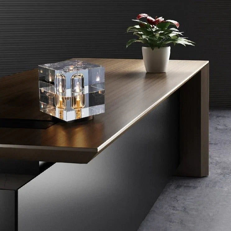 Modern Crystal Cube Table Lamp on Executive Desk