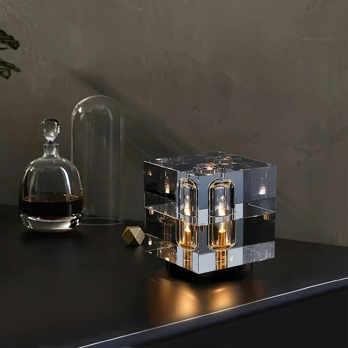 Illuminated Modern Crystal Cube Table Lamp with Decor Accessories