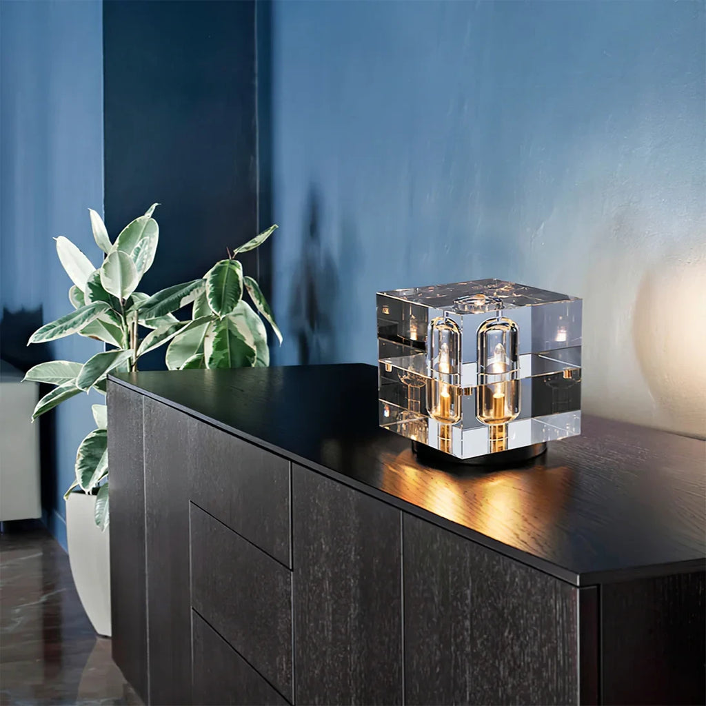 Prism Crystal Cube Table Lamp on Dark Wood Credenza