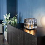 Prism Crystal Cube Table Lamp on Dark Wood Credenza