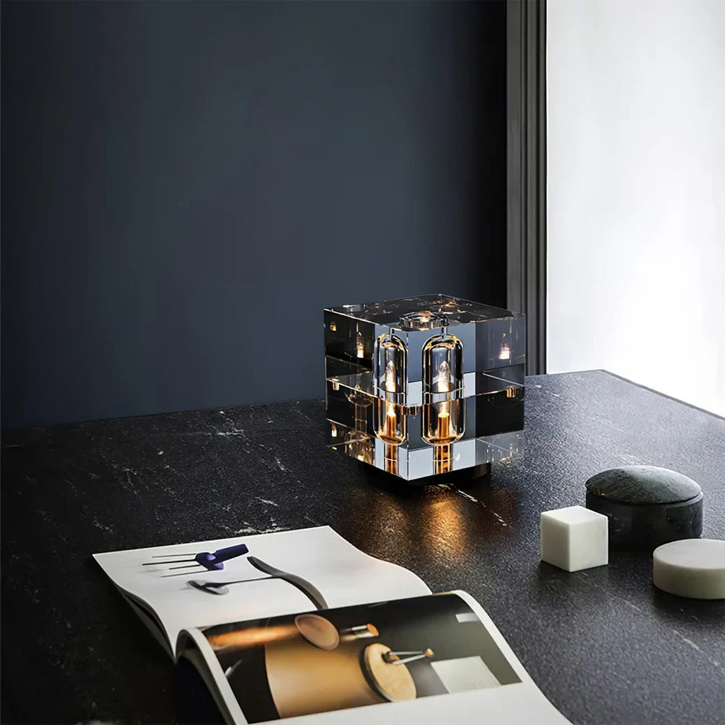 Illuminated Modern Crystal Cube Table Lamp on Desk Surface