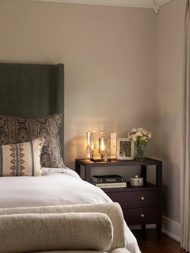 Prism Crystal Cube Table Lamp on Master Bedroom Nightstand