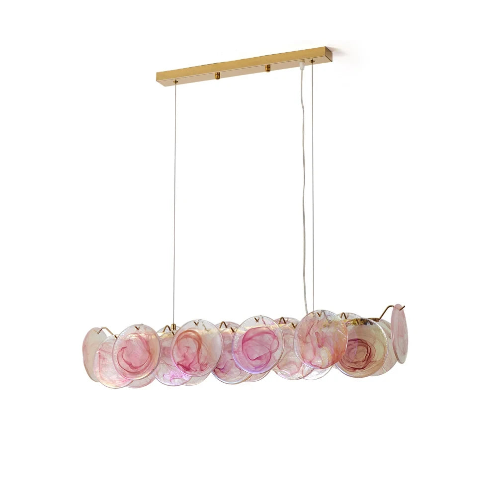 Modern Pink Gradient Colorful Disc Art Glass Linear Chandelier with Brass Canopy on Pure White Background