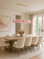 Modern Pink Gradient Colorful Disc Art Glass Linear Chandelier in Bright Dining Space