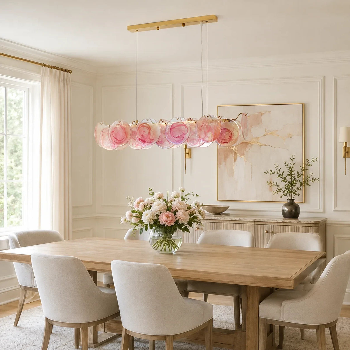 Modern Pink Gradient Colorful Disc Art Glass Linear Chandelier in Cozy Dining Room