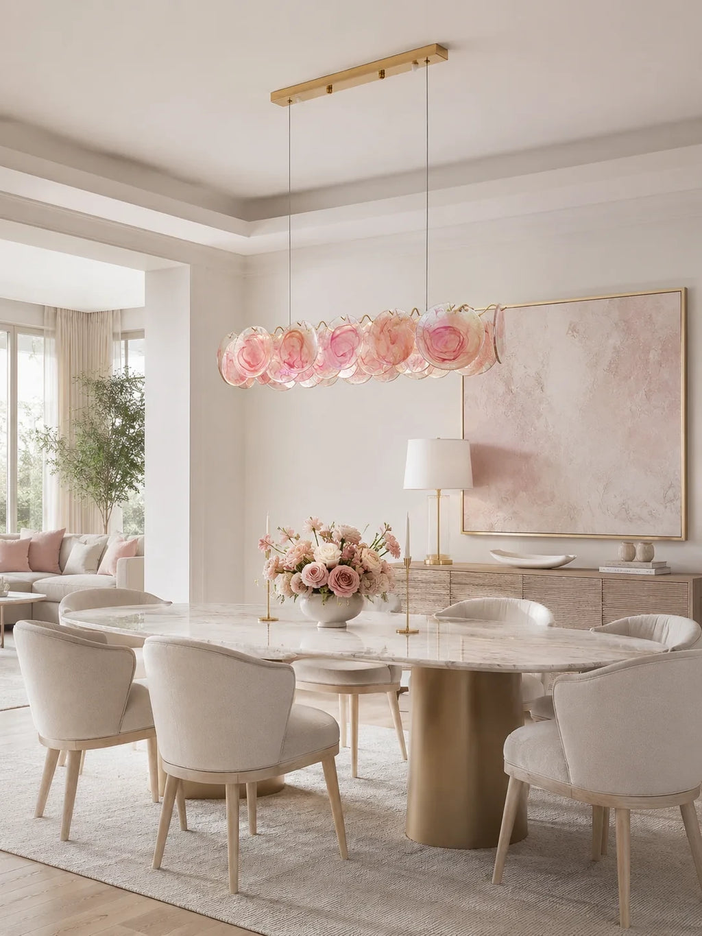 Modern Pink Gradient Colorful Disc Linear Pendant Light Over Oval Dining Table