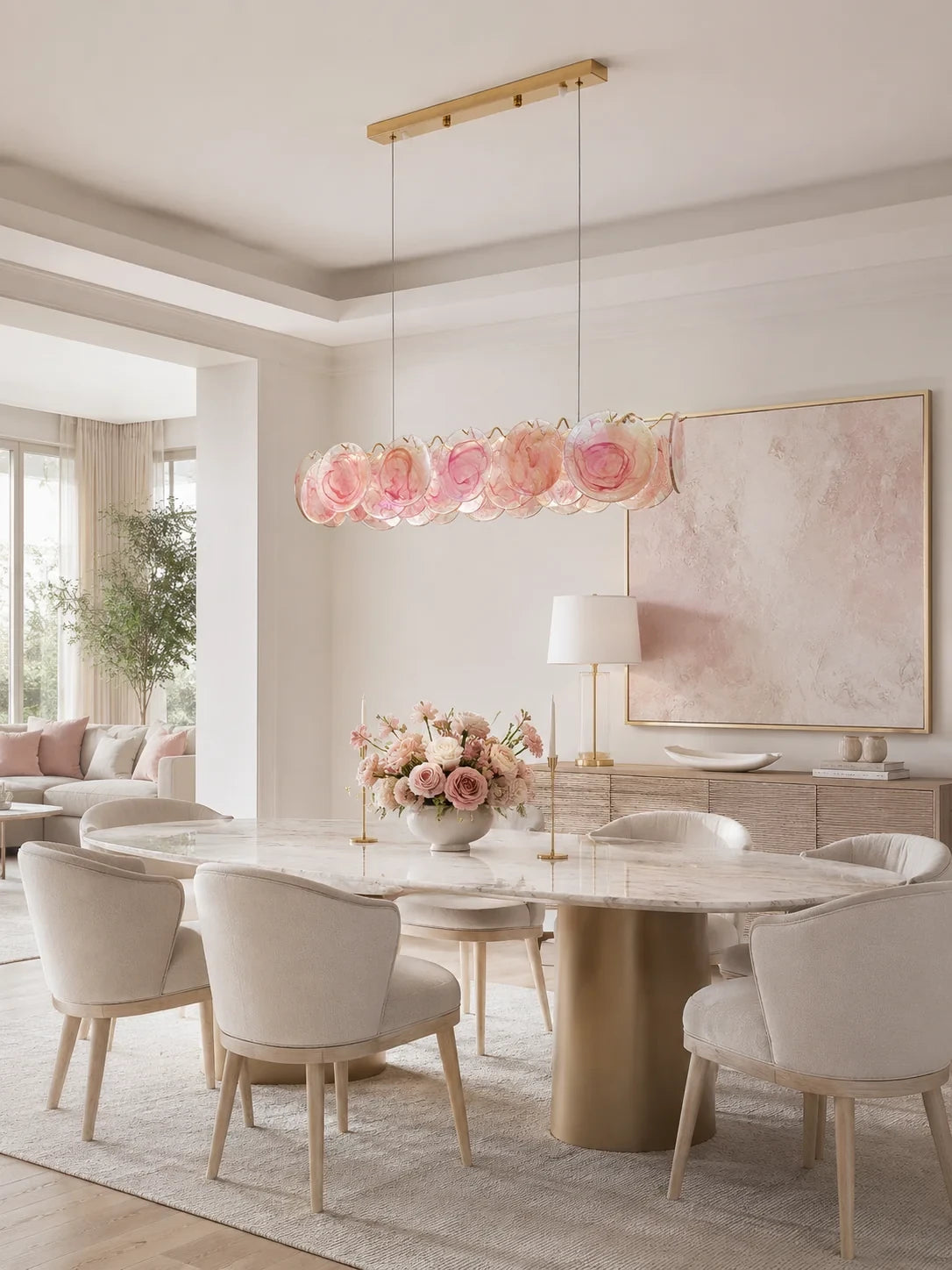 Modern Pink Gradient Colorful Disc Linear Pendant Light Over Oval Dining Table