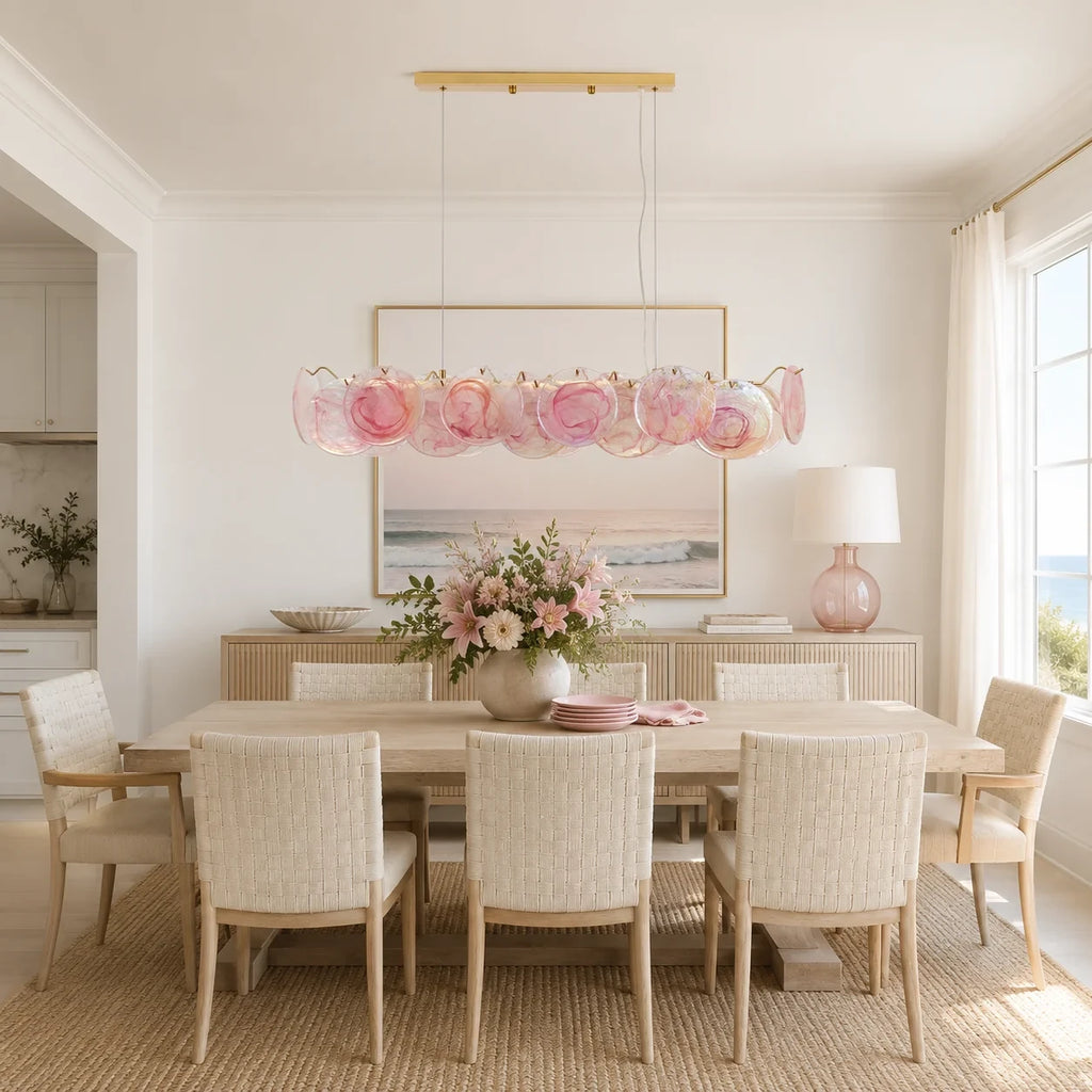 Modern Pink Gradient Colorful Disc Art Glass Linear Chandelier in Warm Interior