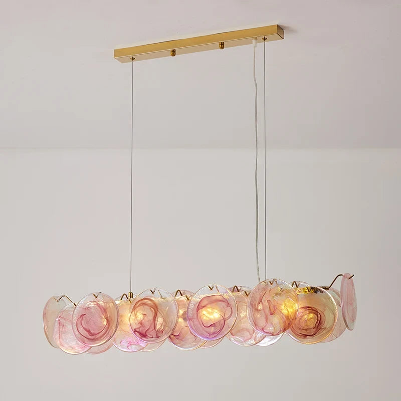 Illuminated Modern Pink Gradient Colorful Disc Art Glass Linear Chandelier Studio Shot