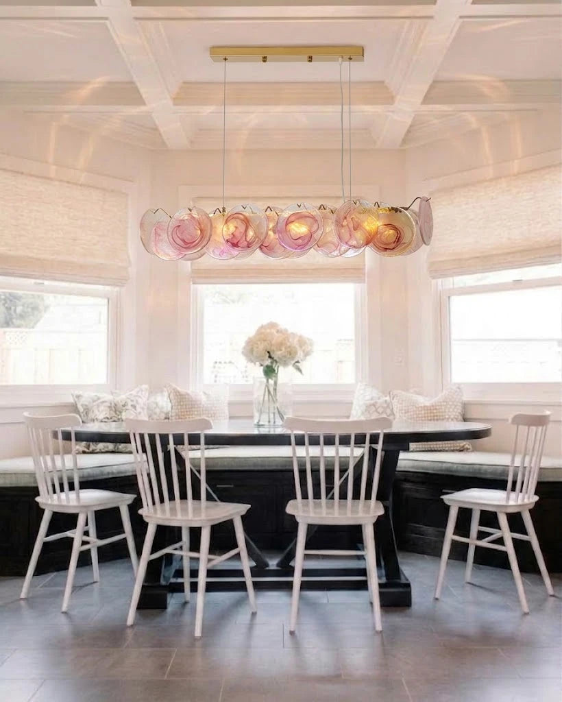 Modern Pink Gradient Colorful Disc Linear Chandelier in Bright Dining Area