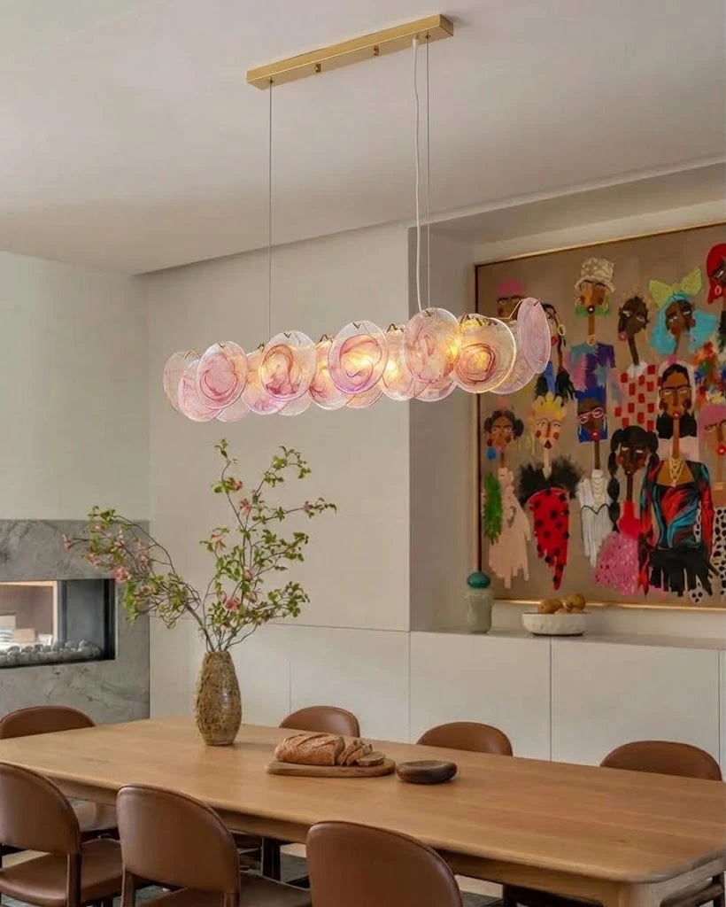 Modern Pink Gradient Colorful Disc Art Glass Linear Chandelier in Formal Dining Room