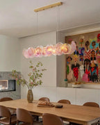 Modern Pink Gradient Colorful Disc Art Glass Linear Chandelier in Formal Dining Room