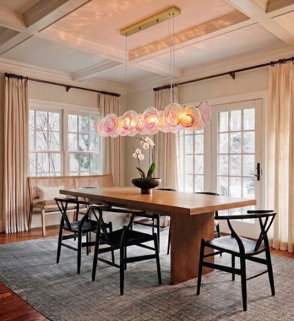 Modern Pink Gradient Colorful Disc Linear Chandelier in Luxury Dining Space