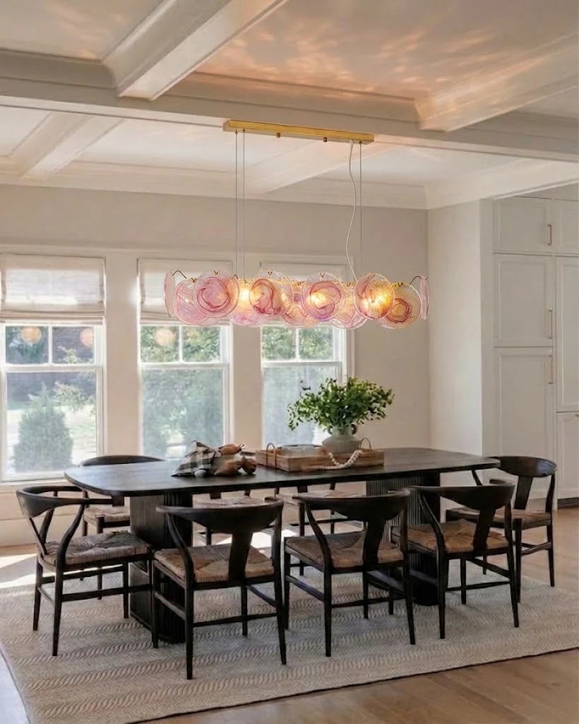 Modern Pink Gradient Colorful Disc Art Glass Linear Chandelier in Elegant Dining Room