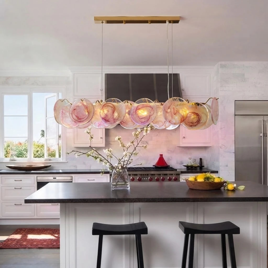 Modern Pink Gradient Colorful Disc Art Glass Linear Chandelier Over Kitchen Island