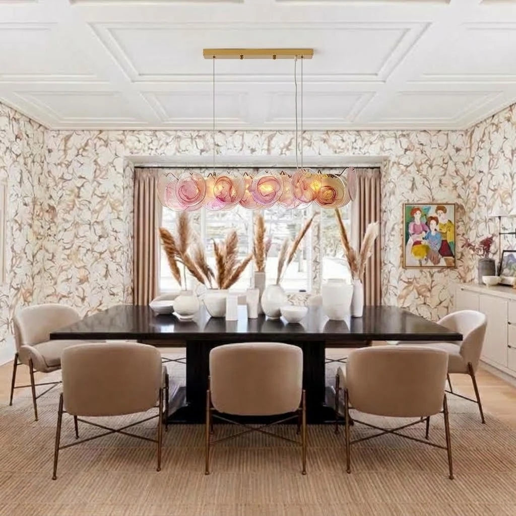 Modern Pink Gradient Colorful Disc Linear Chandelier in Contemporary Dining Area