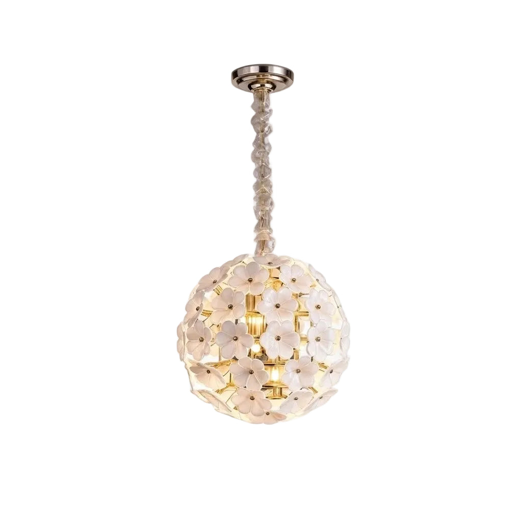 Modern Brass and White Hydrangea Petal Art Glass Globe Pendant Light with Beaded Rod on Pure White Background