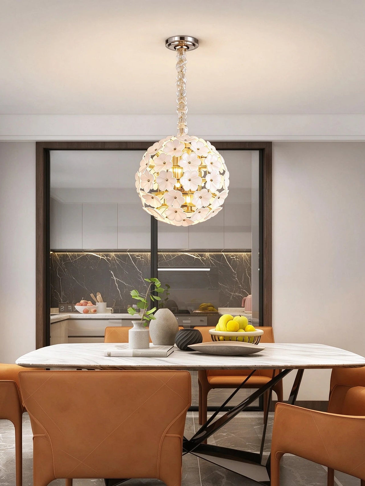 Modern White Hydrangea Petal Art Glass Globe Pendant Light in Dining Room