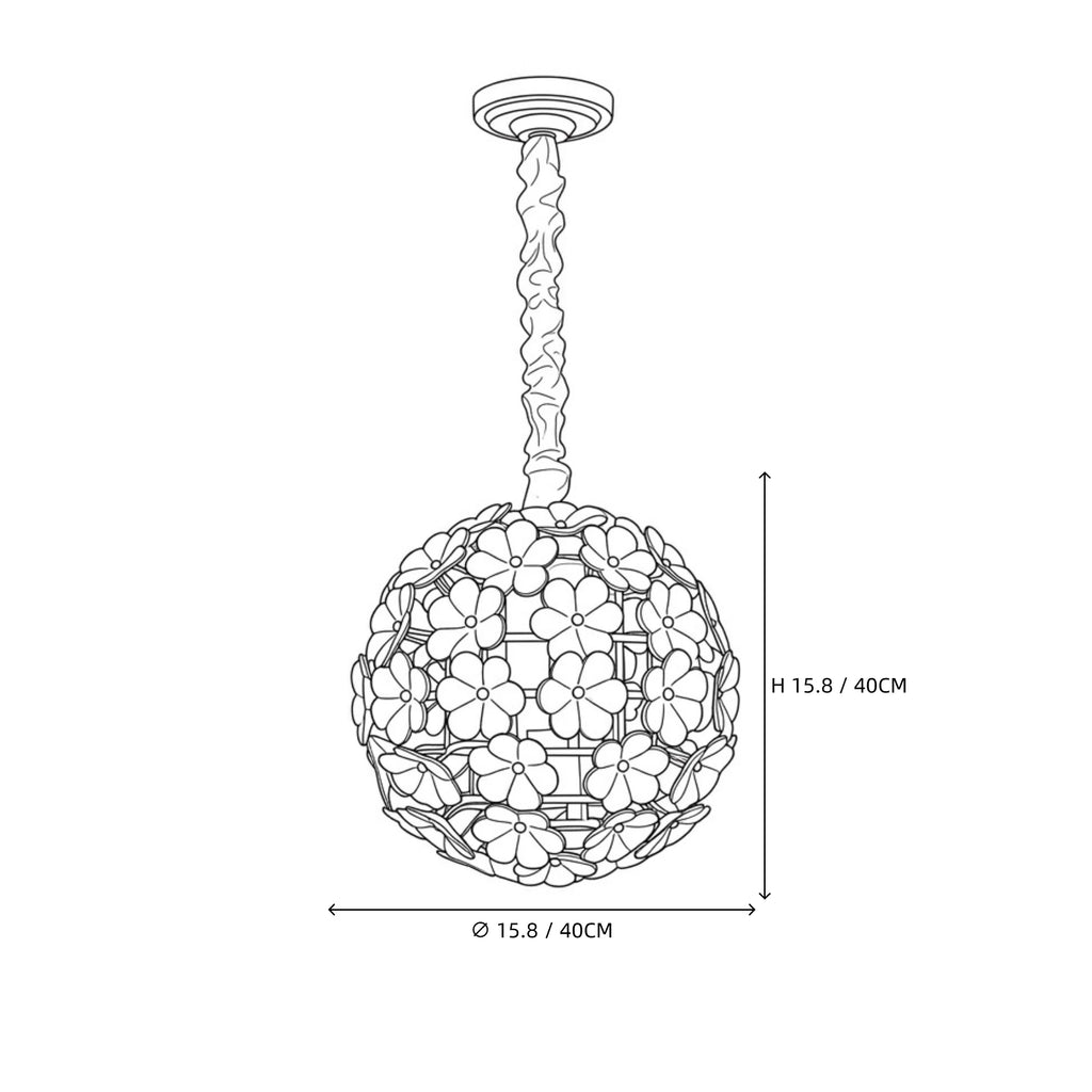 Modern White Hydrangea Petal Art Glass Globe Pendant Light Line Art Dimension Diagram
